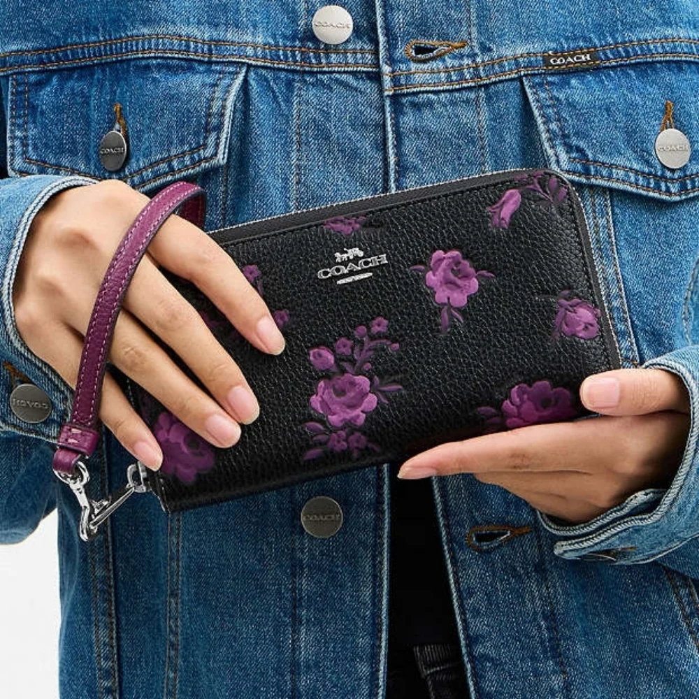 Coach Long Zip Around Wallet With Floral Print, black and purple - Picture 9 of 10